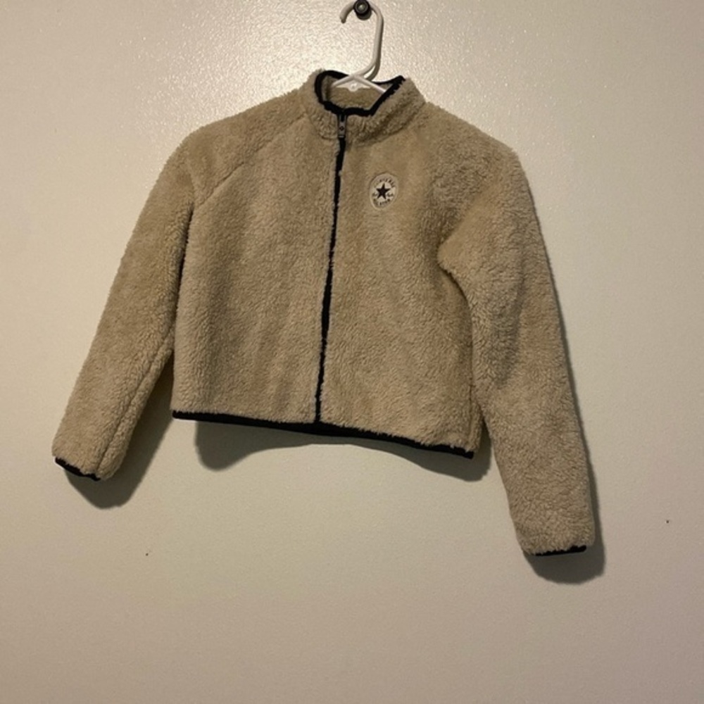Converse cream black trimmed full zip up fuzzy sherpa cozy jacket coat